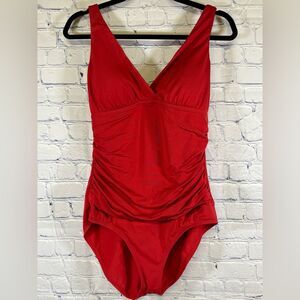 Jantzen Red Ruched One-piece Minimalist Classic Nautical Preppy Swimsuit 12